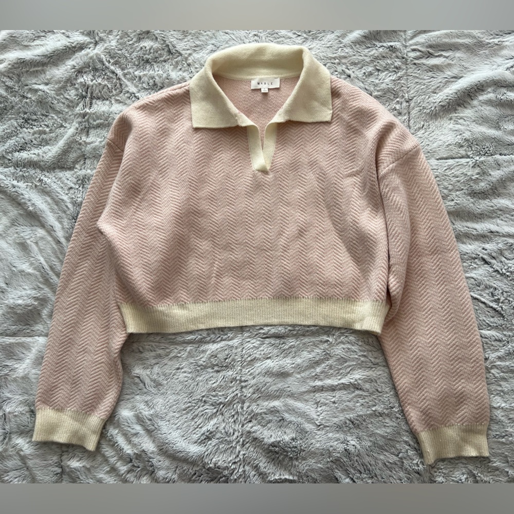 Grey Bandit / Mable Pink & Ivory Preppy Pullover Collared Cropped Sweater Large